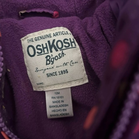 Baby Girl Oshkosh B’Gosh Purple Polka Dotted Puffer Jacket Snow Bib Size 12 M - Picture 3 of 8